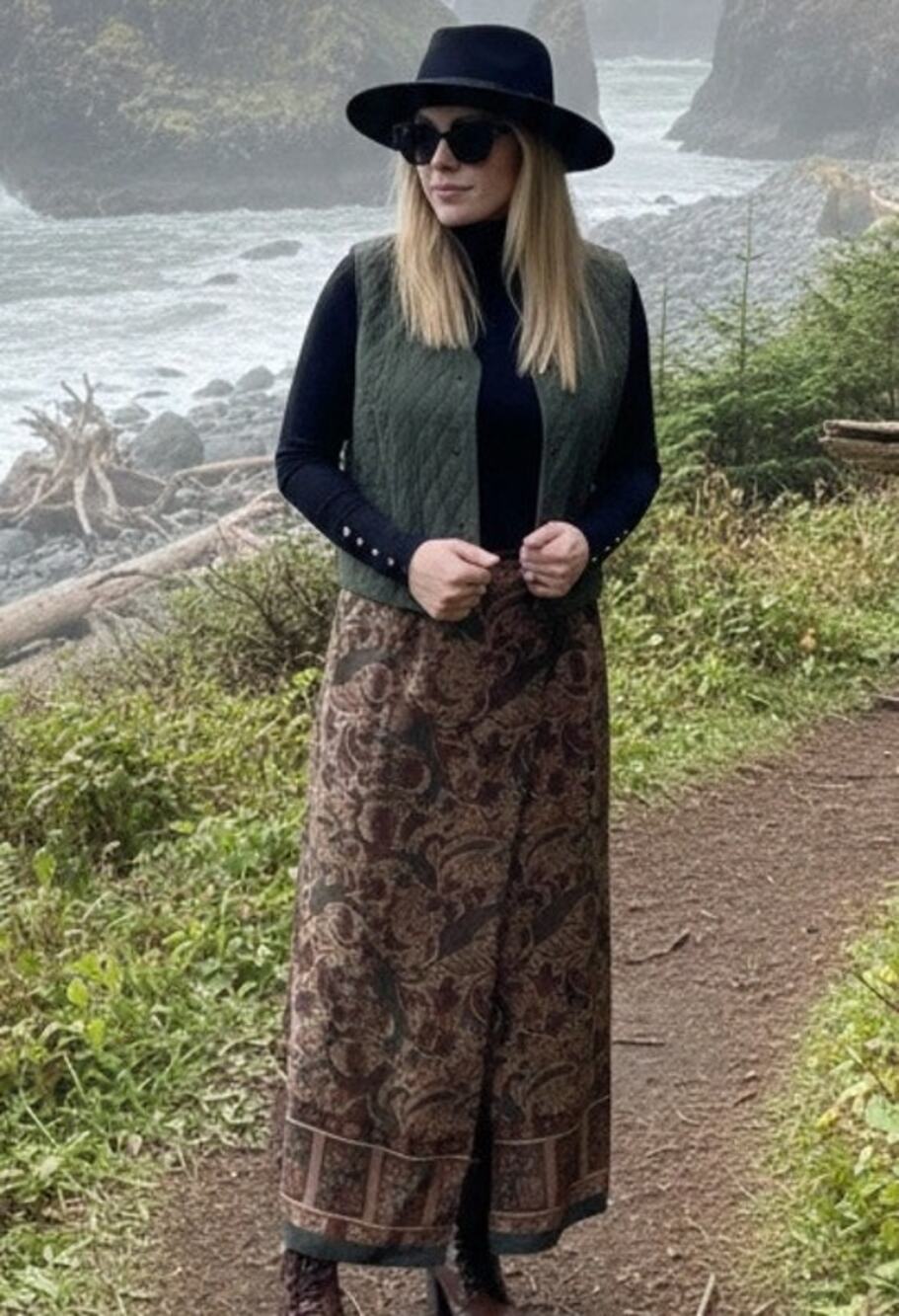 Vintage Pendleton skirt and quilted vest outfit in earthy, rustic colors